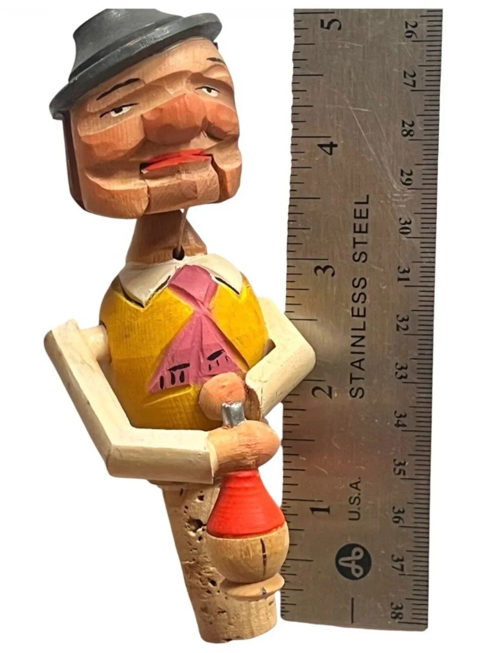 Hand-Carved Wooden Bottle Stopper w/ Articulated Man with Wine Flask German